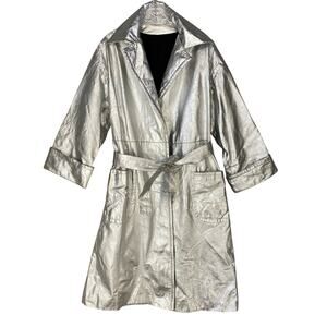 Trench Coat Womens 10 Silver Metallic Leather Vtg Collar Belt Long Party Jacket